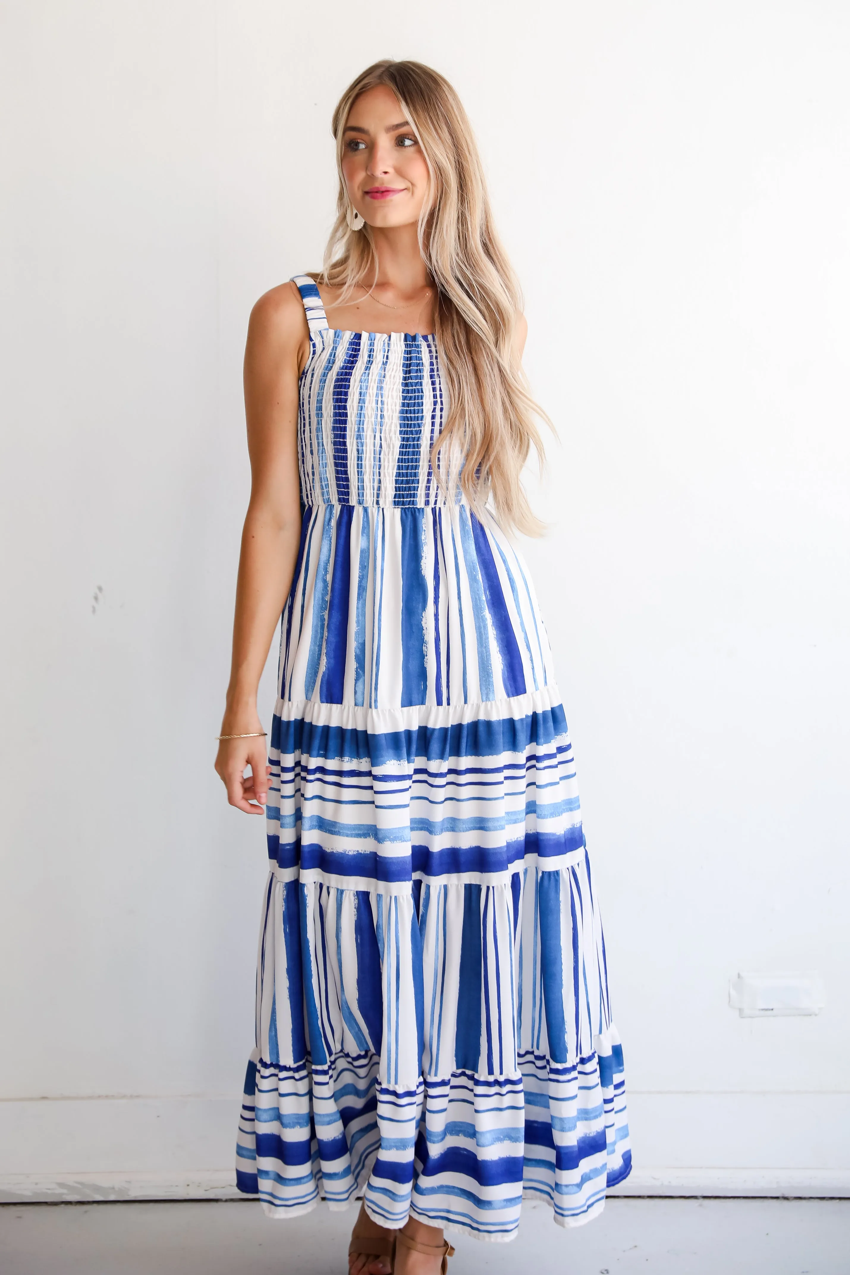 FINAL SALE - Impressively Darling Blue Striped Tiered Maxi Dress