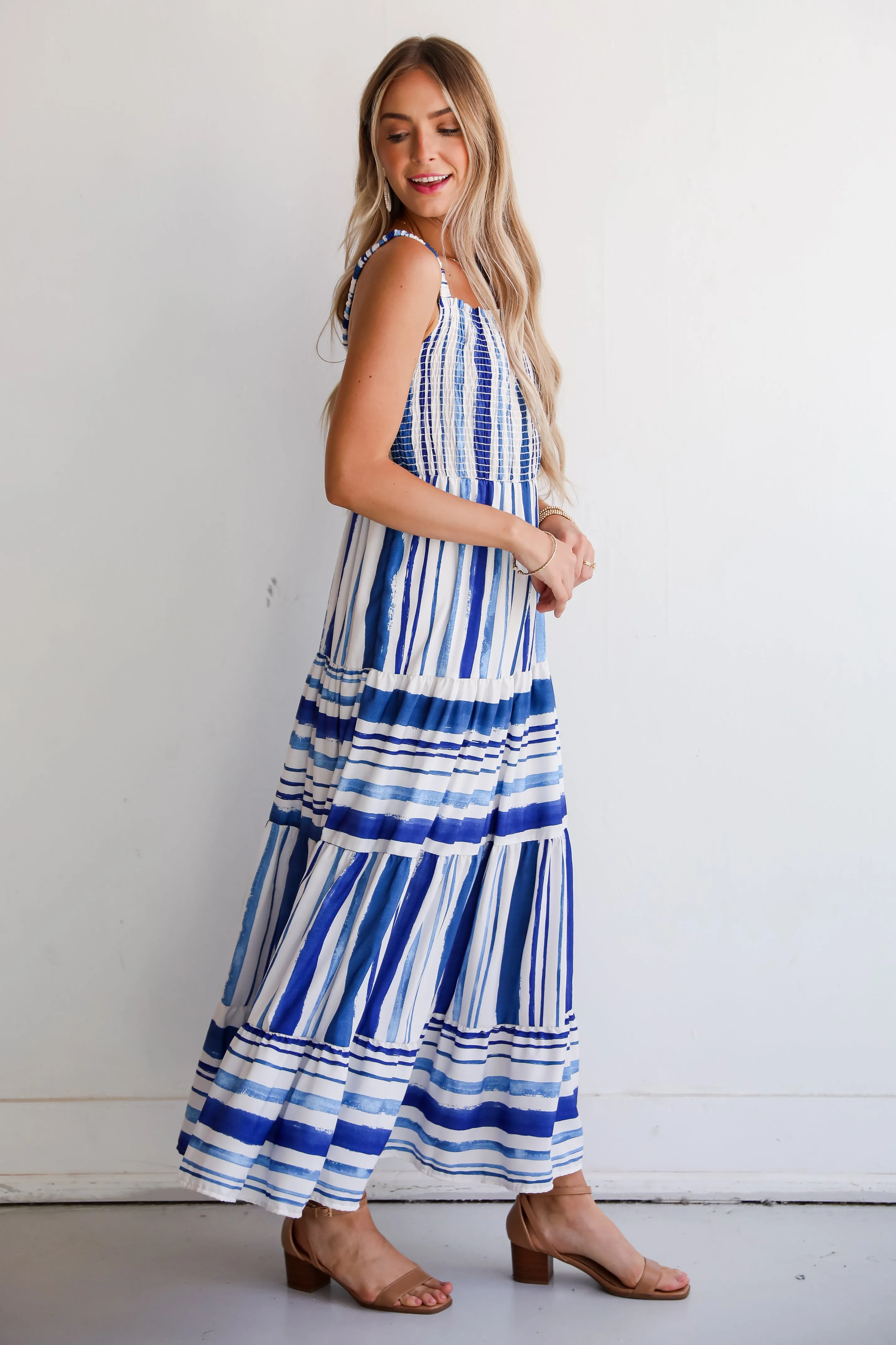 FINAL SALE - Impressively Darling Blue Striped Tiered Maxi Dress