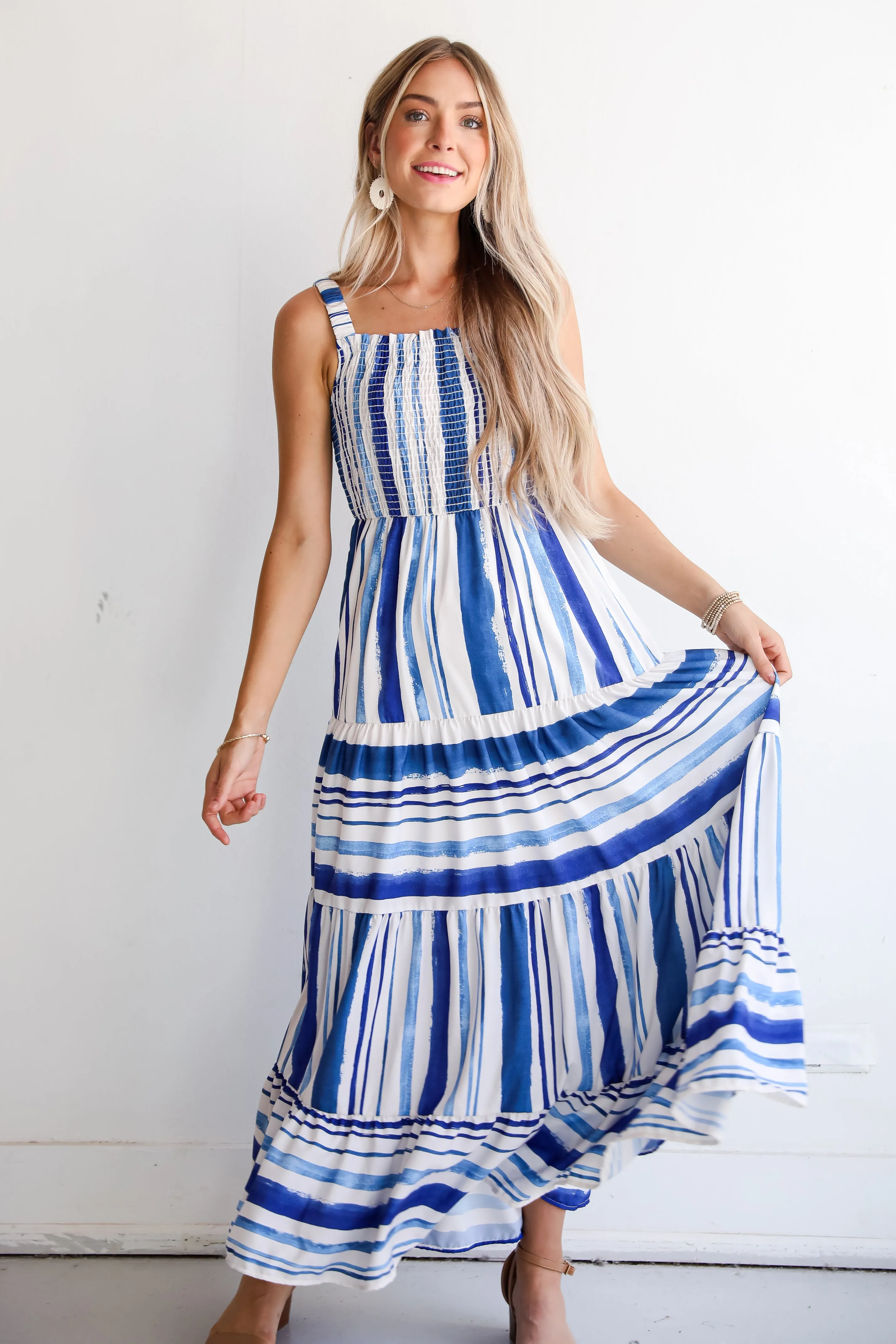 FINAL SALE - Impressively Darling Blue Striped Tiered Maxi Dress