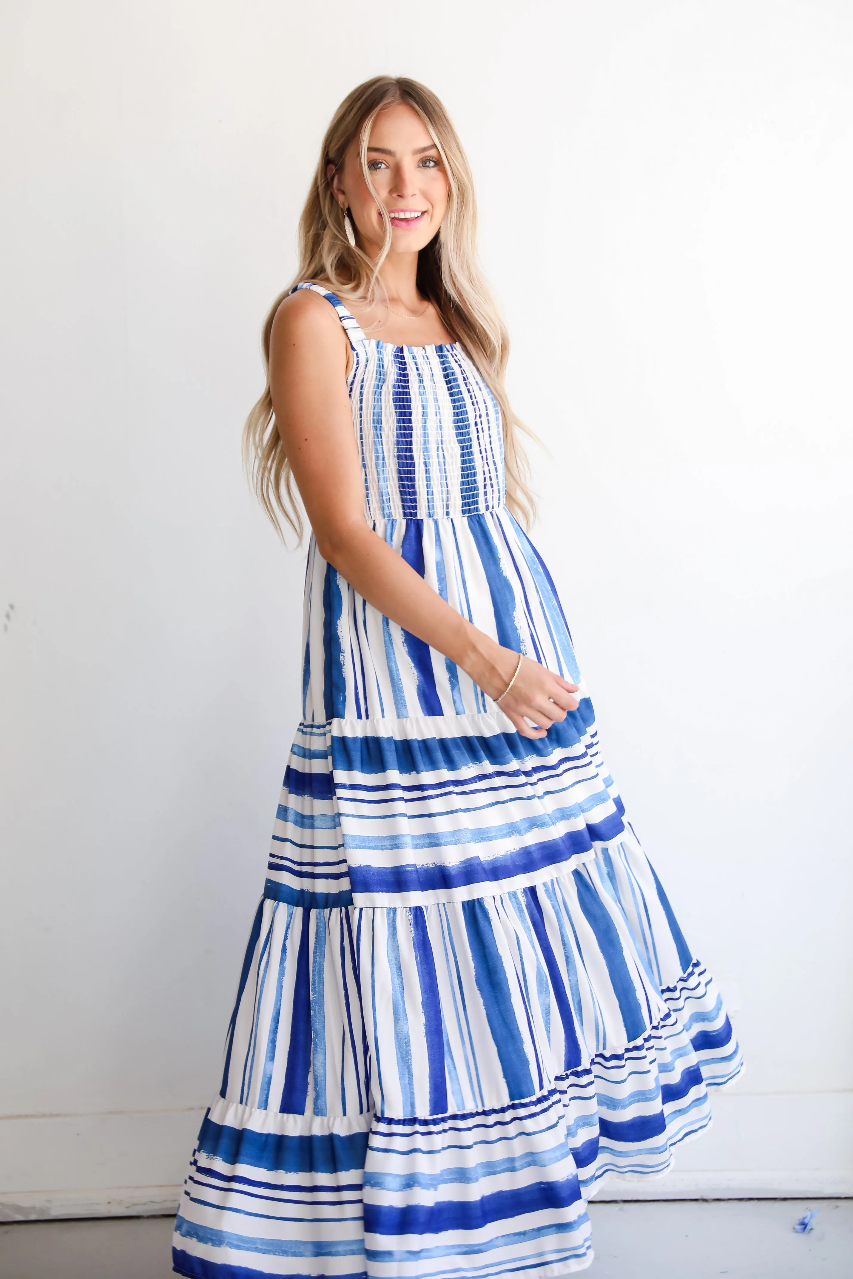 FINAL SALE - Impressively Darling Blue Striped Tiered Maxi Dress