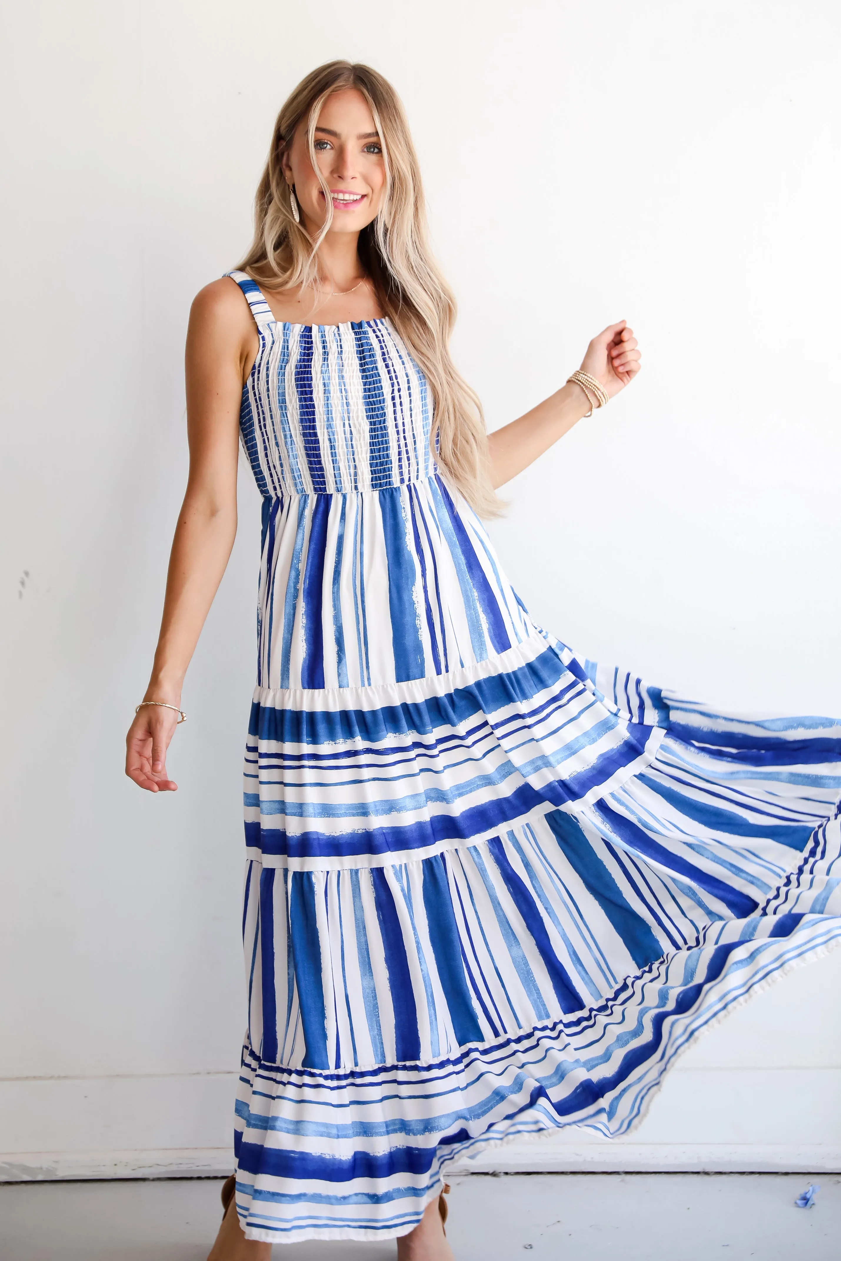 FINAL SALE - Impressively Darling Blue Striped Tiered Maxi Dress