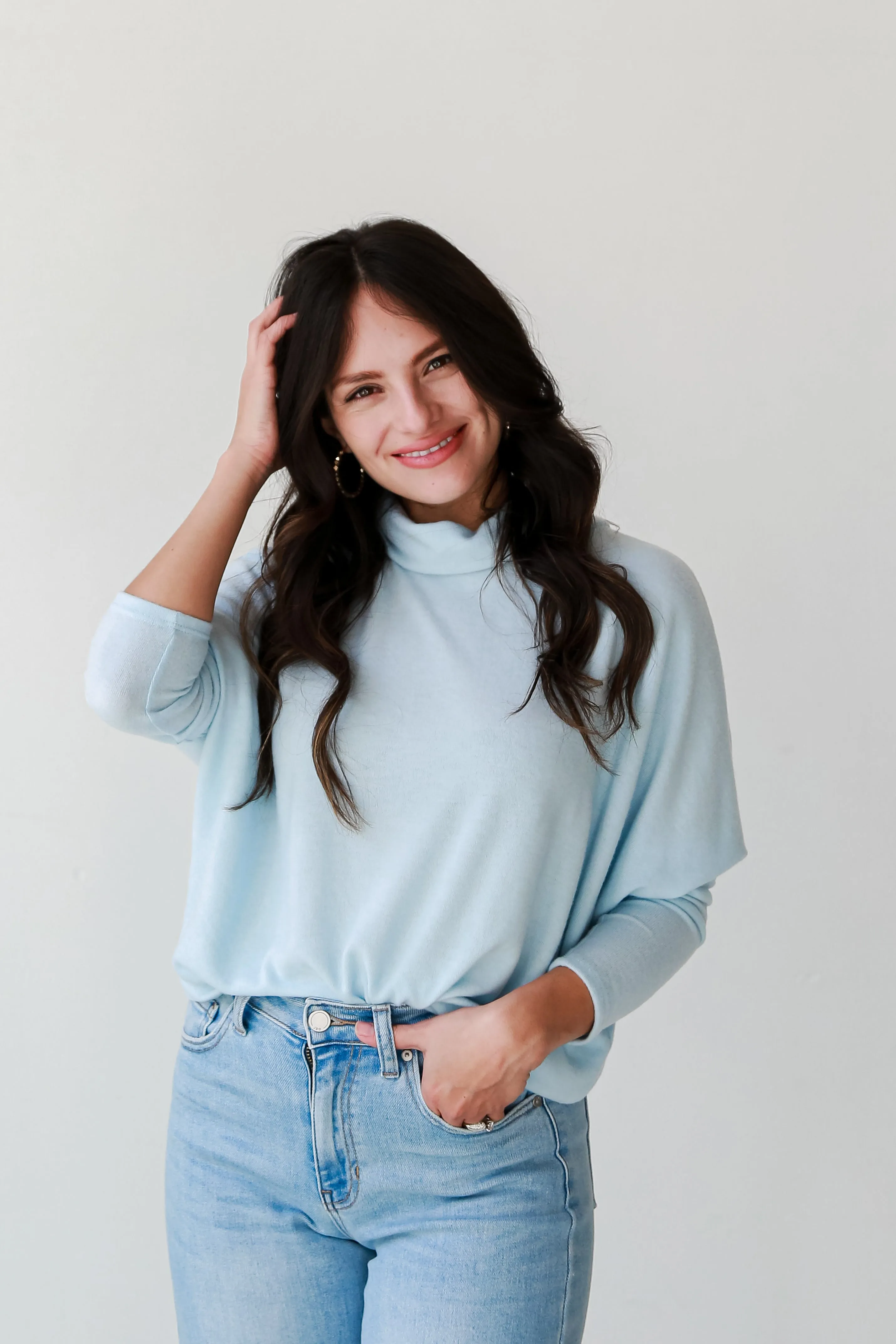 FINAL SALE - Natalie Light Blue Turtleneck Brushed Knit Top - DOORBUSTER