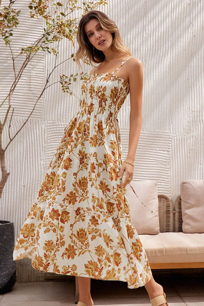 Floral Printed Smocked Silp Maxi Dress