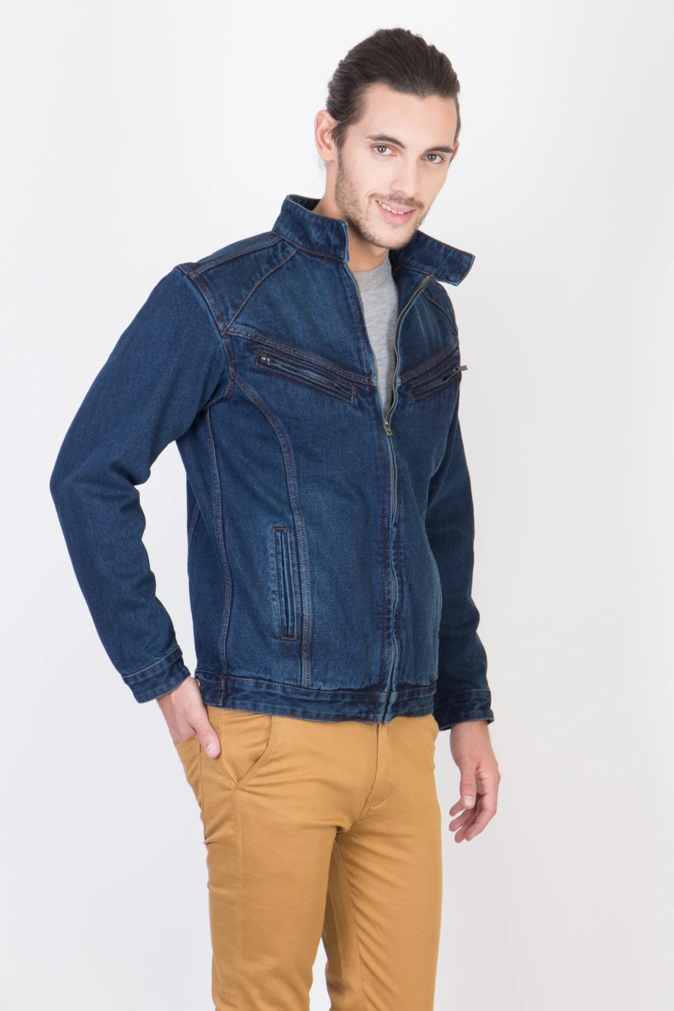 Full Sleeve Blue Men's Denim Jacketwith Zipper