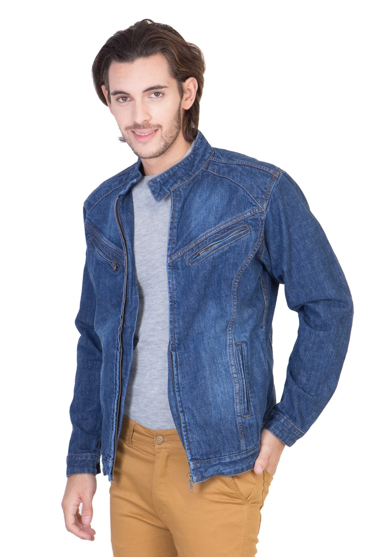 Full Sleeve Light Blue Men's Denim Jacket with Zipper