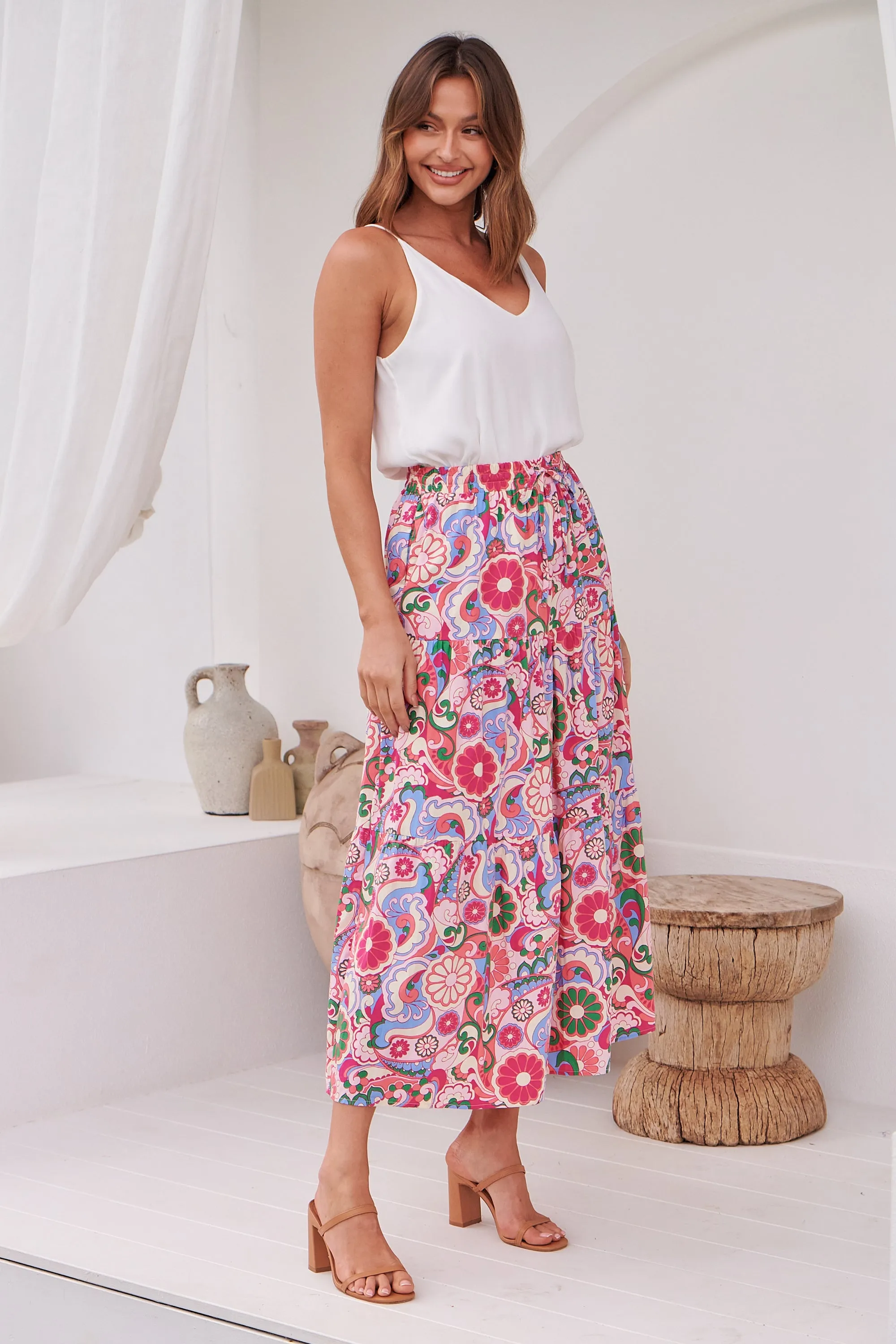 Gaia Pink Floral Boho Maxi Skirt