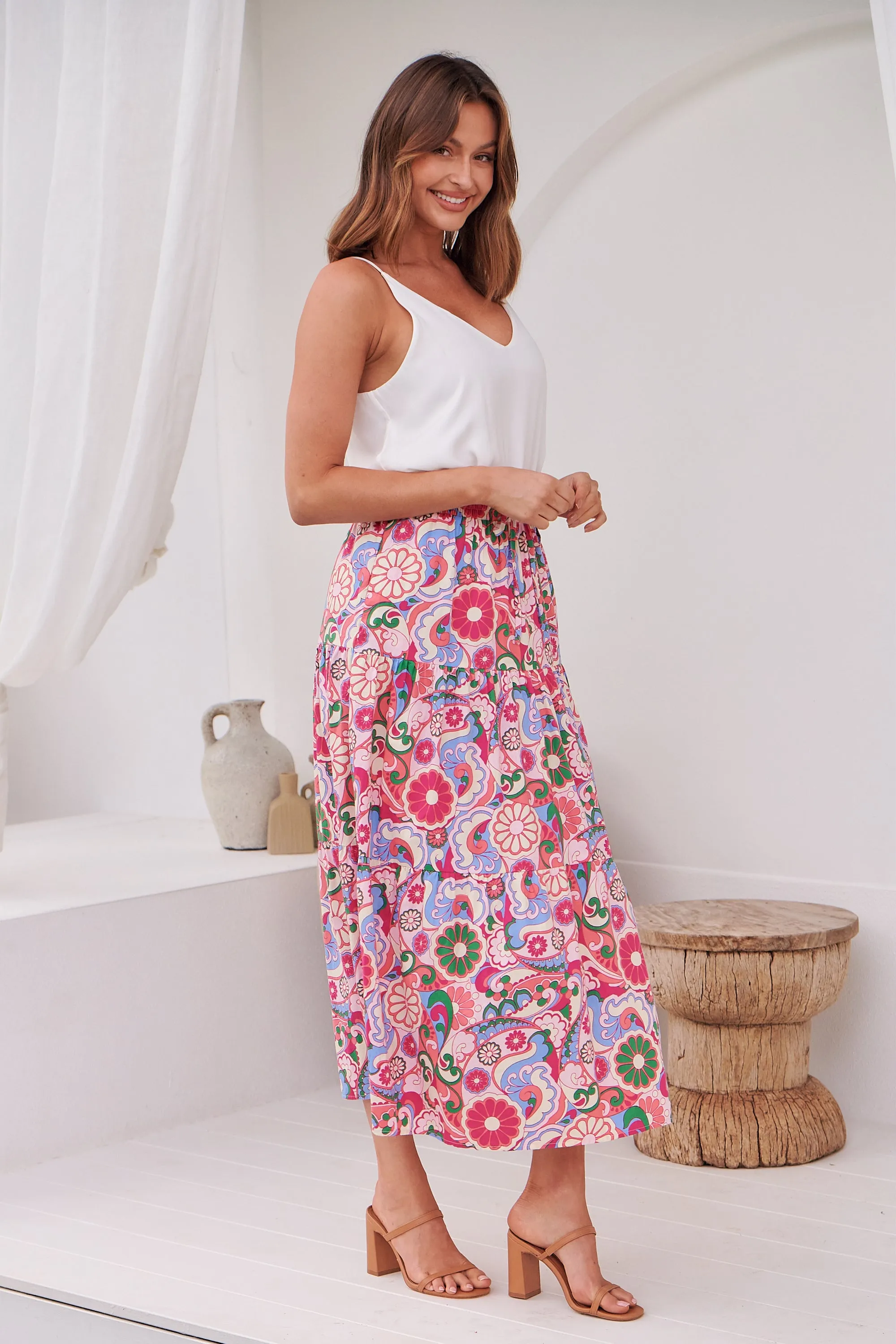 Gaia Pink Floral Boho Maxi Skirt