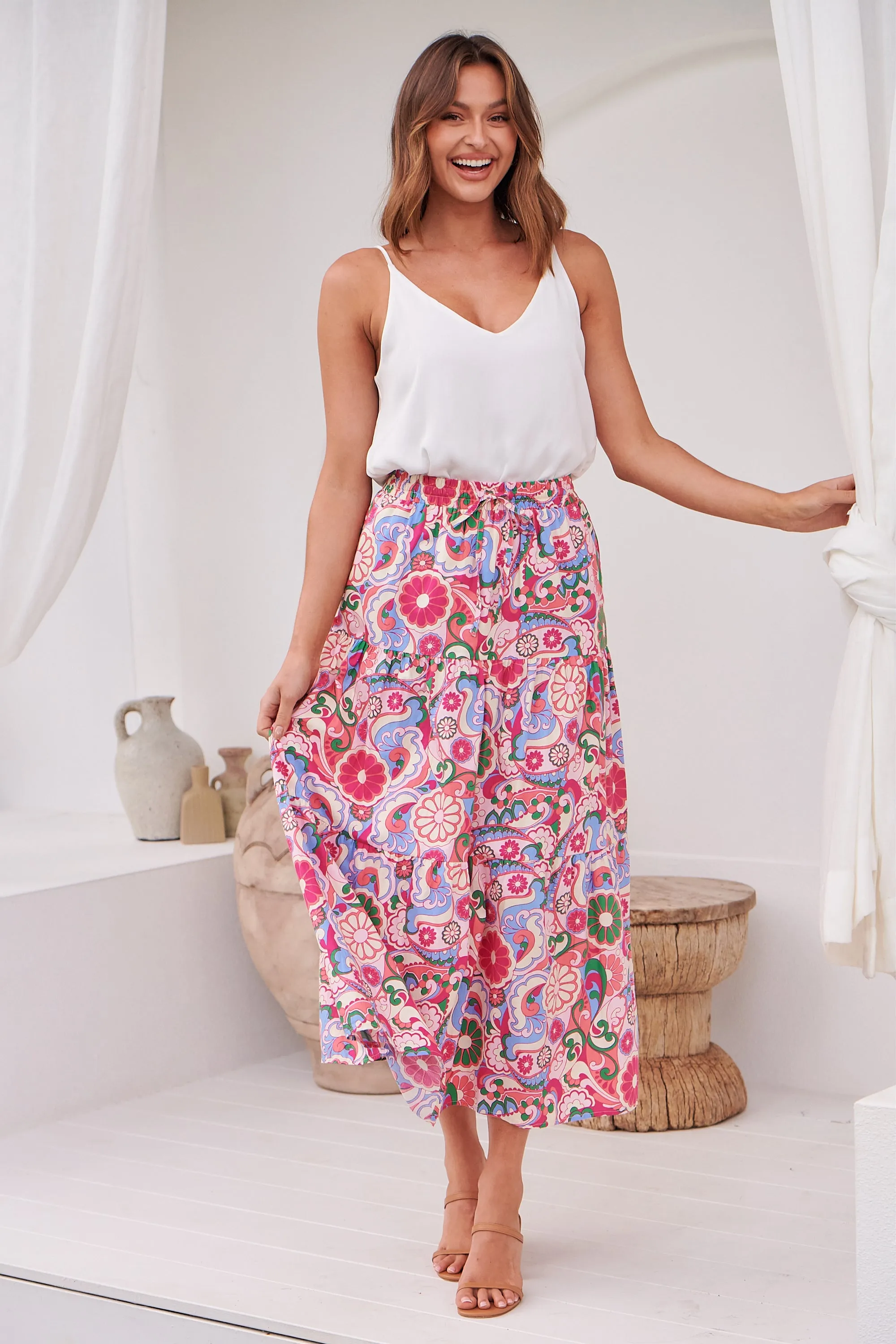 Gaia Pink Floral Boho Maxi Skirt