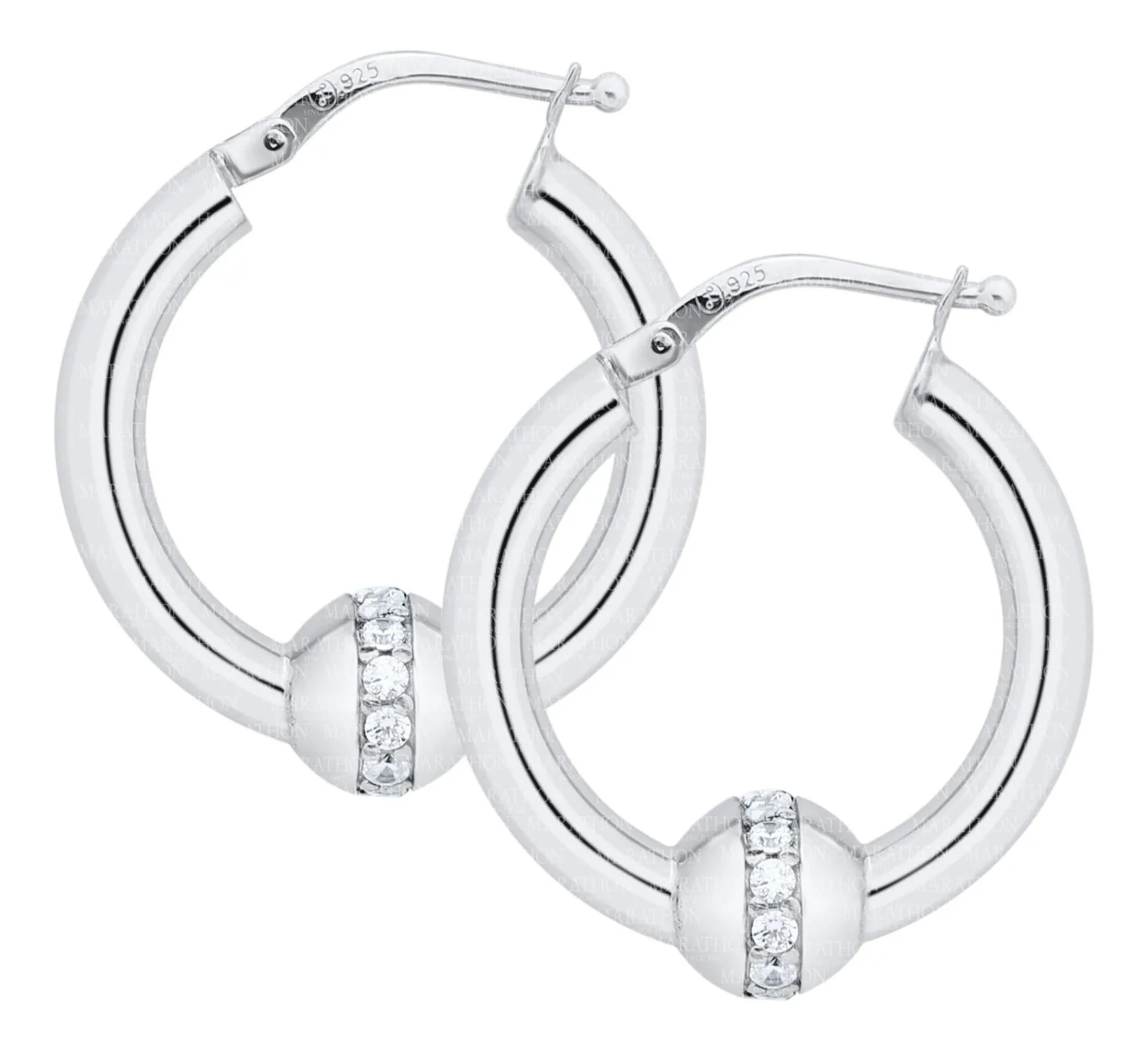 Genuine Sterling Silver CapeCod 20mm Hoop Earring with Sterling Silver Bead and Cubic Zirconia