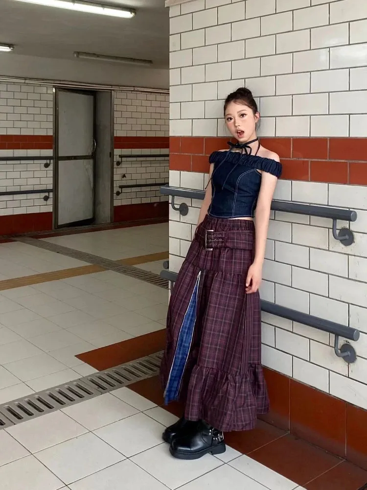 Girlary Plaid Long Maxi Skirt Women Y2k American Retro Zipper Belt High Waist A-line Tiered Skirt Do Old School 90s Dress Gothic