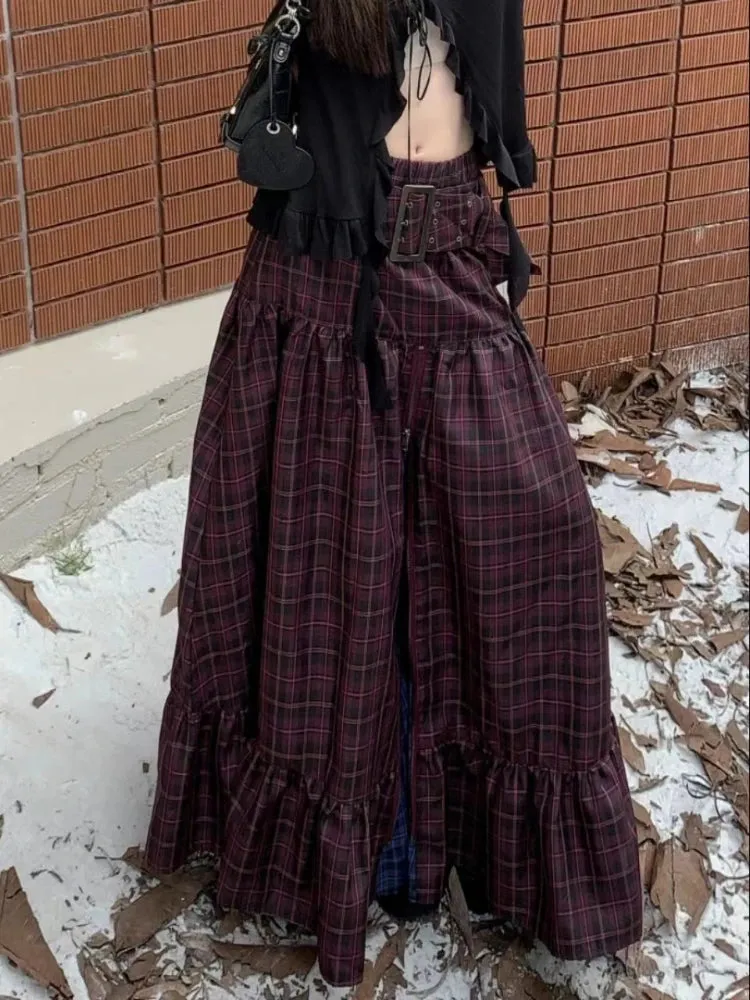 Girlary Plaid Long Maxi Skirt Women Y2k American Retro Zipper Belt High Waist A-line Tiered Skirt Do Old School 90s Dress Gothic