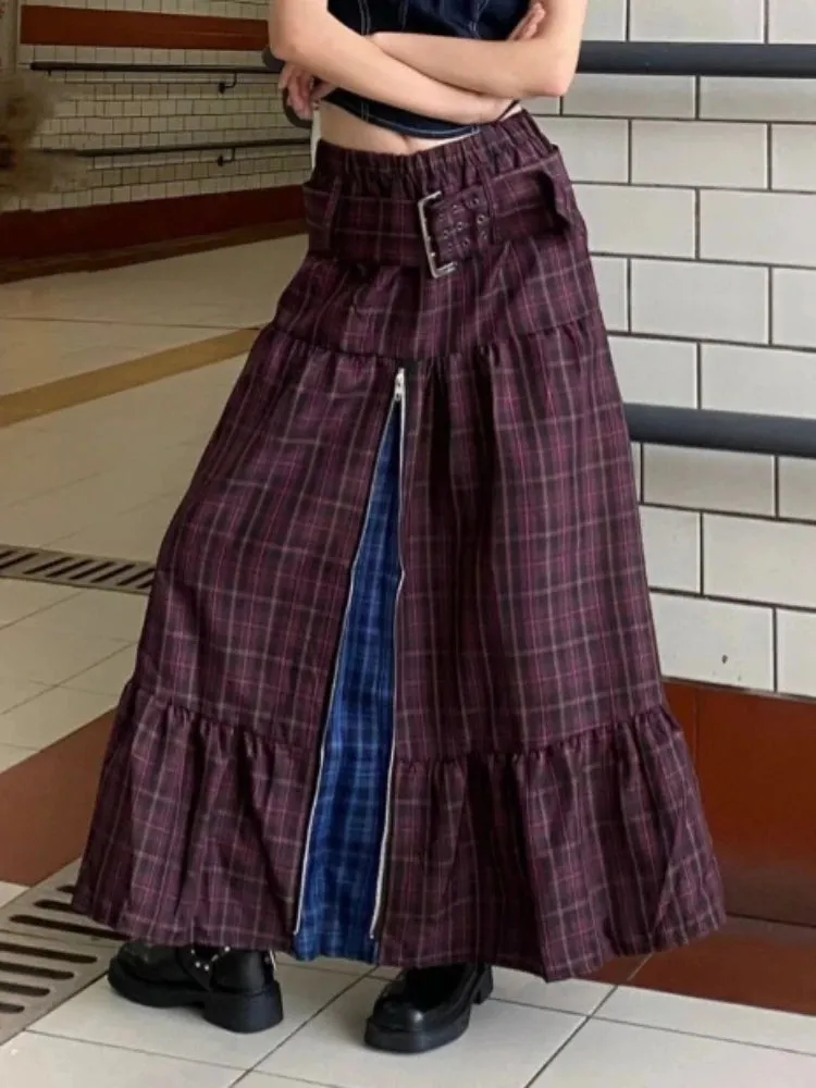 Girlary Plaid Long Maxi Skirt Women Y2k American Retro Zipper Belt High Waist A-line Tiered Skirt Do Old School 90s Dress Gothic