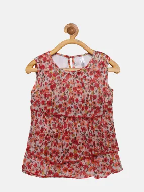 Girls Flower AOP Print Sleeveless Layered Top