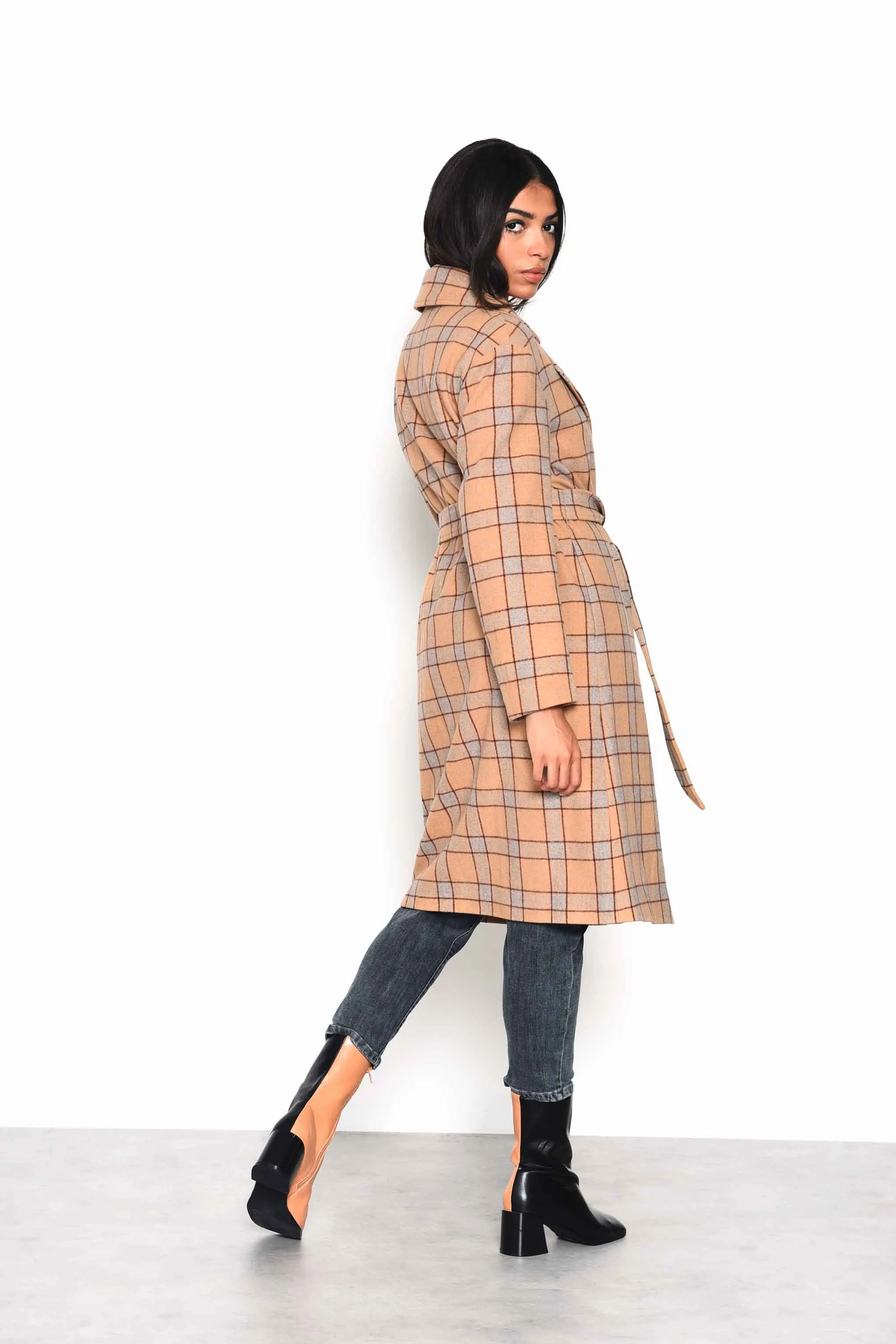 Glamorous Camel Multi Check Double Breasted Longline Coat with Waist belt