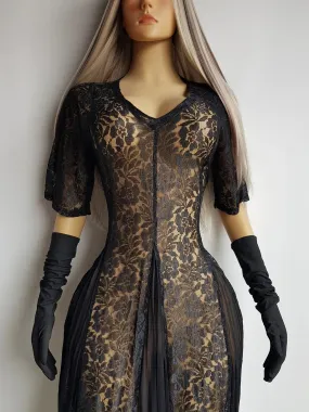 Gothic Romance Genuine 1990s Vintage Sheer Lace Dress with Flared Skirt - Wear Multiple Ways on top of Lingerie or a Slip