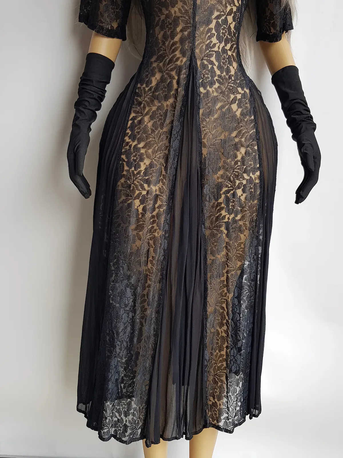 Gothic Romance Genuine 1990s Vintage Sheer Lace Dress with Flared Skirt - Wear Multiple Ways on top of Lingerie or a Slip