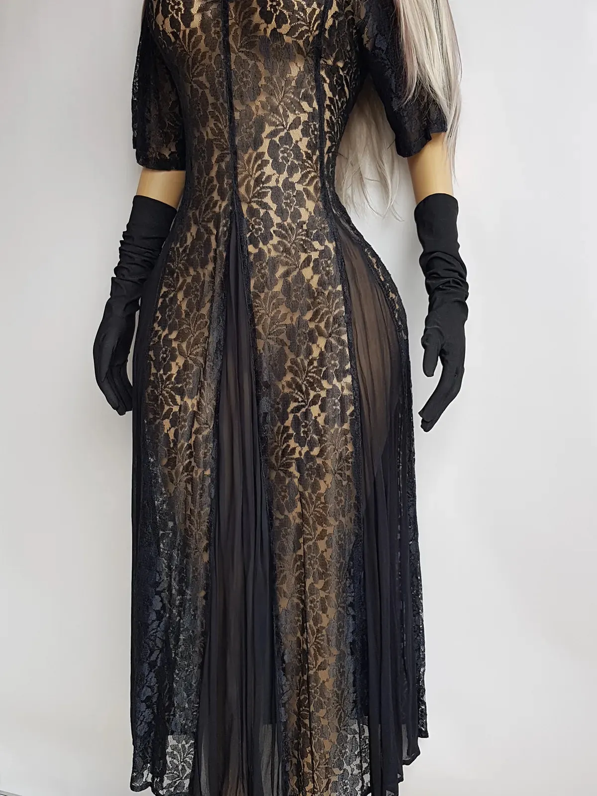 Gothic Romance Genuine 1990s Vintage Sheer Lace Dress with Flared Skirt - Wear Multiple Ways on top of Lingerie or a Slip