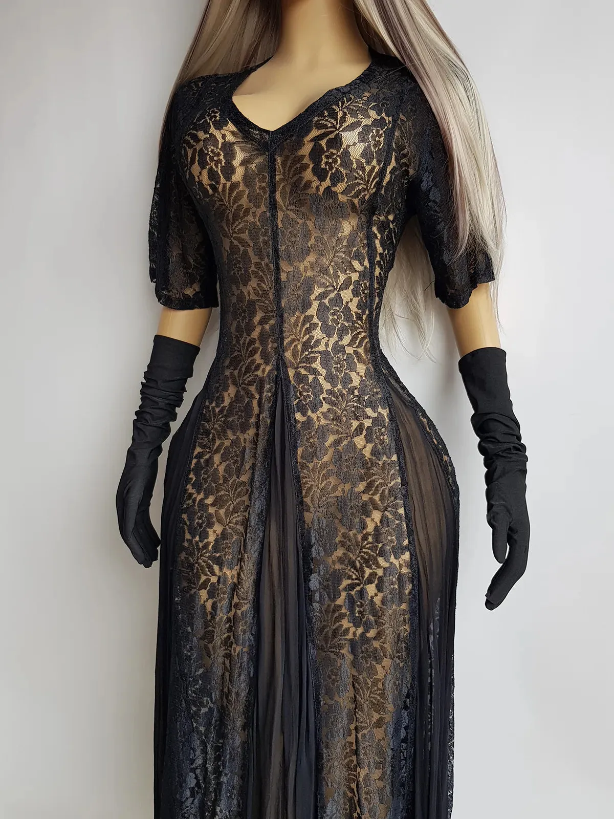 Gothic Romance Genuine 1990s Vintage Sheer Lace Dress with Flared Skirt - Wear Multiple Ways on top of Lingerie or a Slip