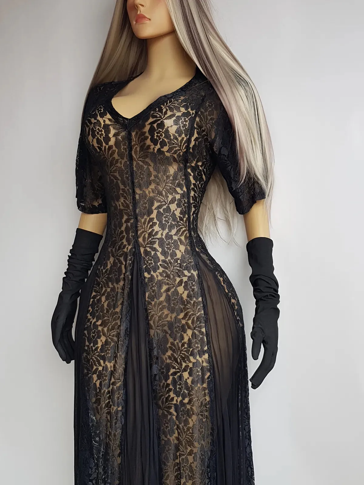 Gothic Romance Genuine 1990s Vintage Sheer Lace Dress with Flared Skirt - Wear Multiple Ways on top of Lingerie or a Slip