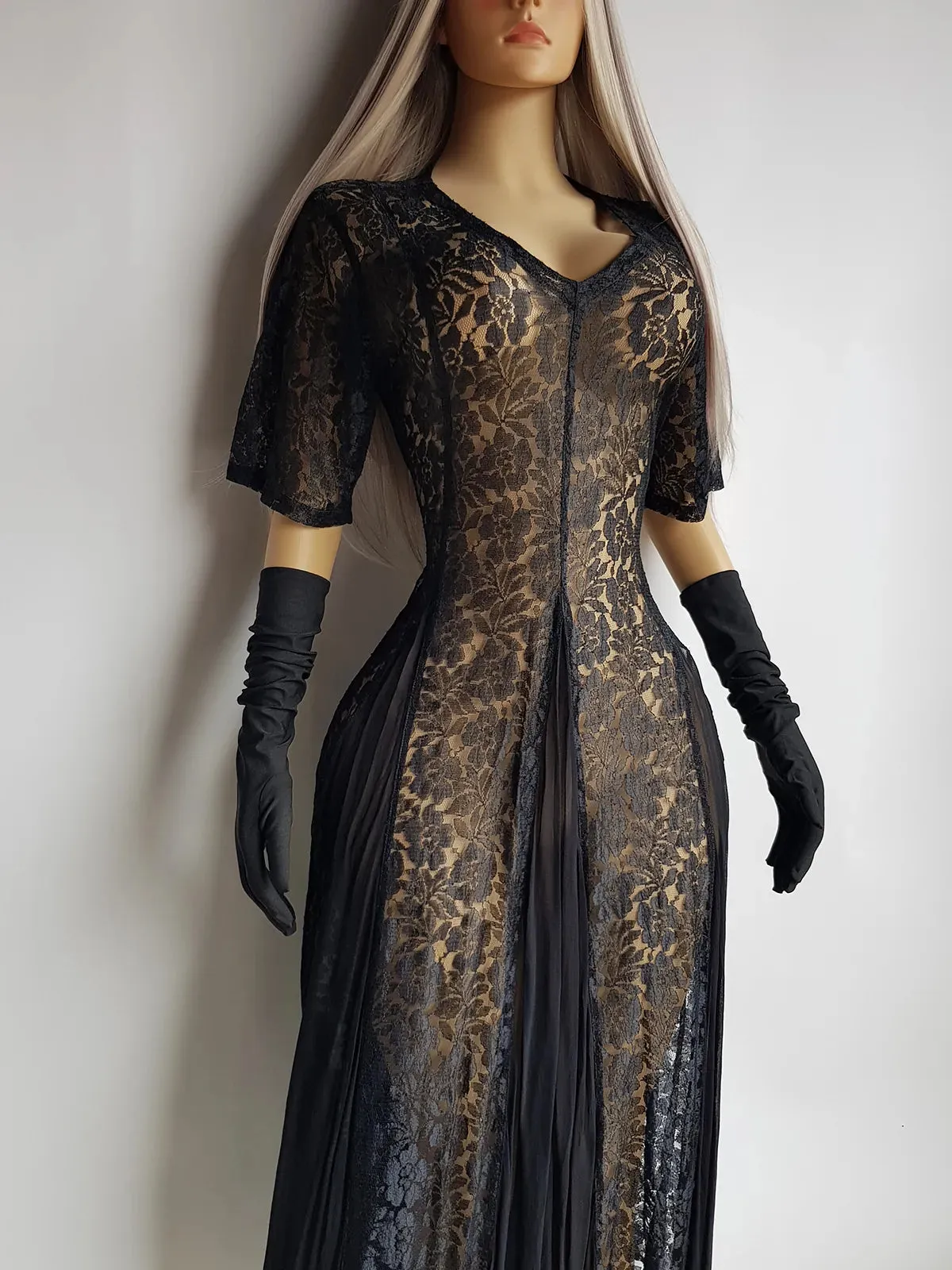 Gothic Romance Genuine 1990s Vintage Sheer Lace Dress with Flared Skirt - Wear Multiple Ways on top of Lingerie or a Slip