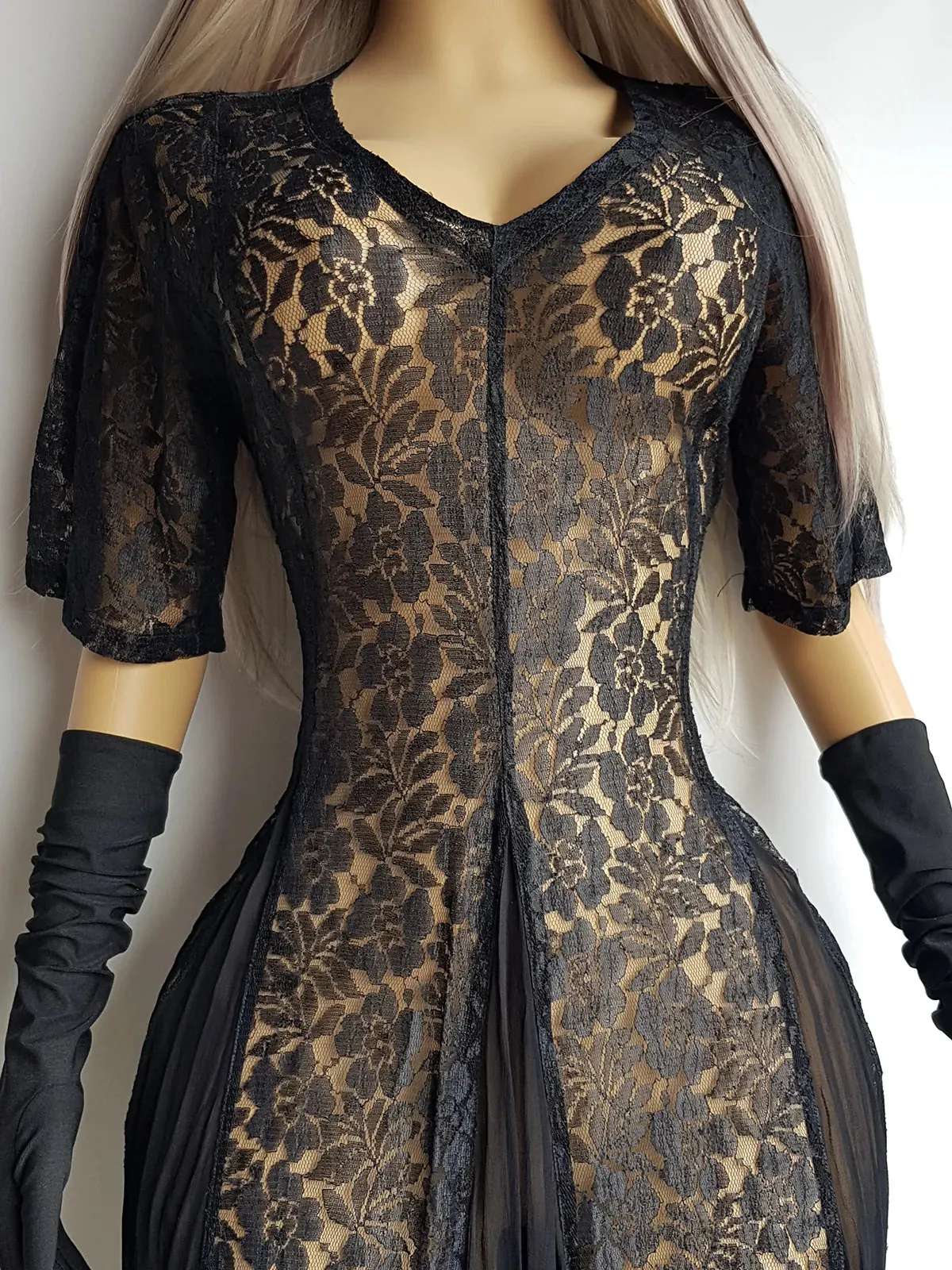 Gothic Romance Genuine 1990s Vintage Sheer Lace Dress with Flared Skirt - Wear Multiple Ways on top of Lingerie or a Slip