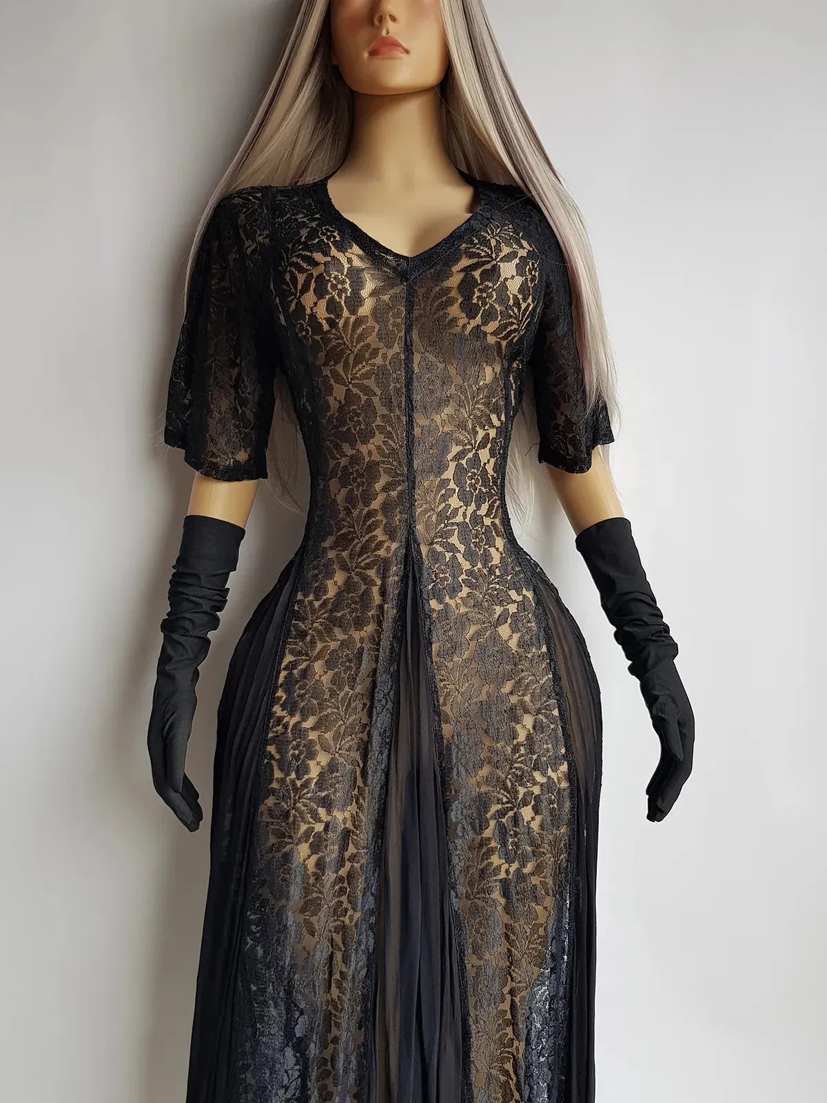 Gothic Romance Genuine 1990s Vintage Sheer Lace Dress with Flared Skirt - Wear Multiple Ways on top of Lingerie or a Slip