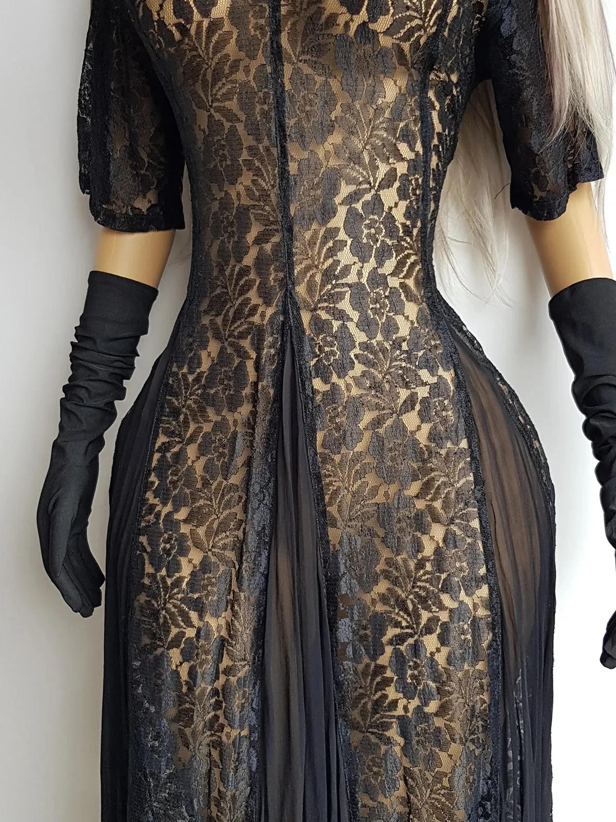 Gothic Romance Genuine 1990s Vintage Sheer Lace Dress with Flared Skirt - Wear Multiple Ways on top of Lingerie or a Slip