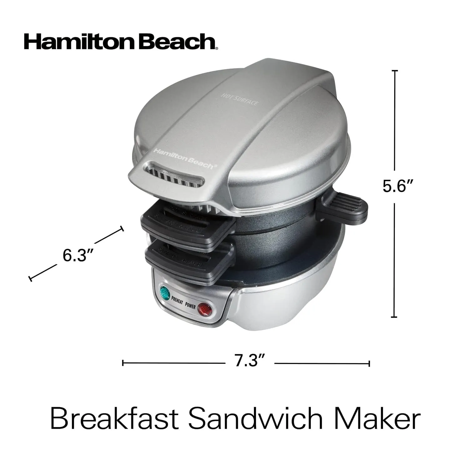 Hamilton Beach Breakfast Sandwich Maker with Egg Cooker Ring, Customize Ingredients, Perfect for English Muffins, Croissants, Mini Waffles, Perfect White Elephant Gifts, Silver (25475)