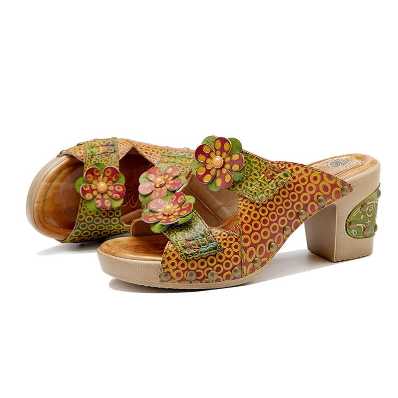 Handmade Retro Leather Flowers Slippers Open Toe Platform Sandals in Green