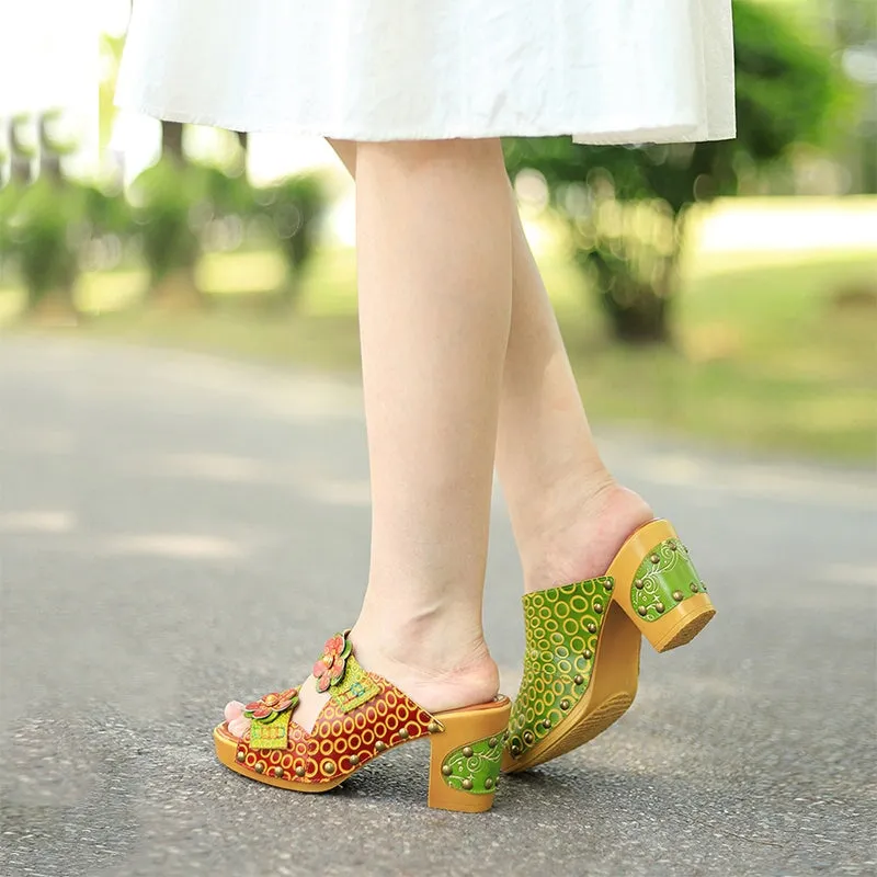 Handmade Retro Leather Flowers Slippers Open Toe Platform Sandals in Green