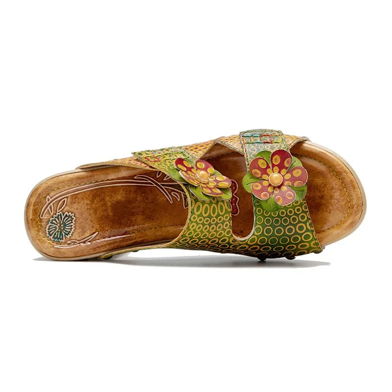 Handmade Retro Leather Flowers Slippers Open Toe Platform Sandals in Green