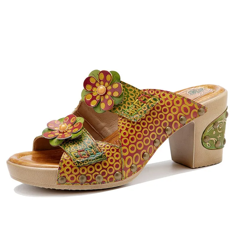 Handmade Retro Leather Flowers Slippers Open Toe Platform Sandals in Green