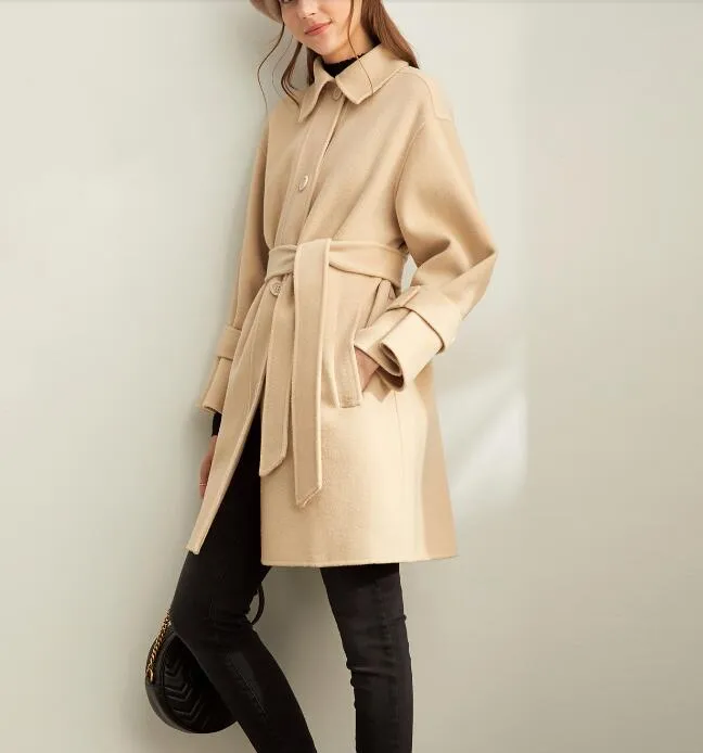 handmade Woolen coat Women Winter Long Wool Coat Jacket Waist Belt/7788