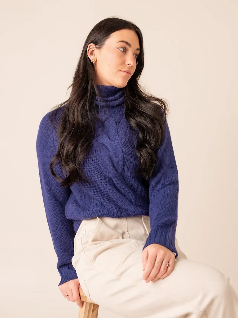 Harpers Emporium Cashmere Roll Neck Cable in Indigo