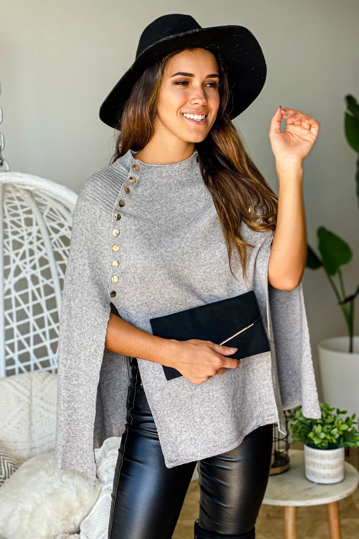 Heather Gray Cape Top with Silver Buttons