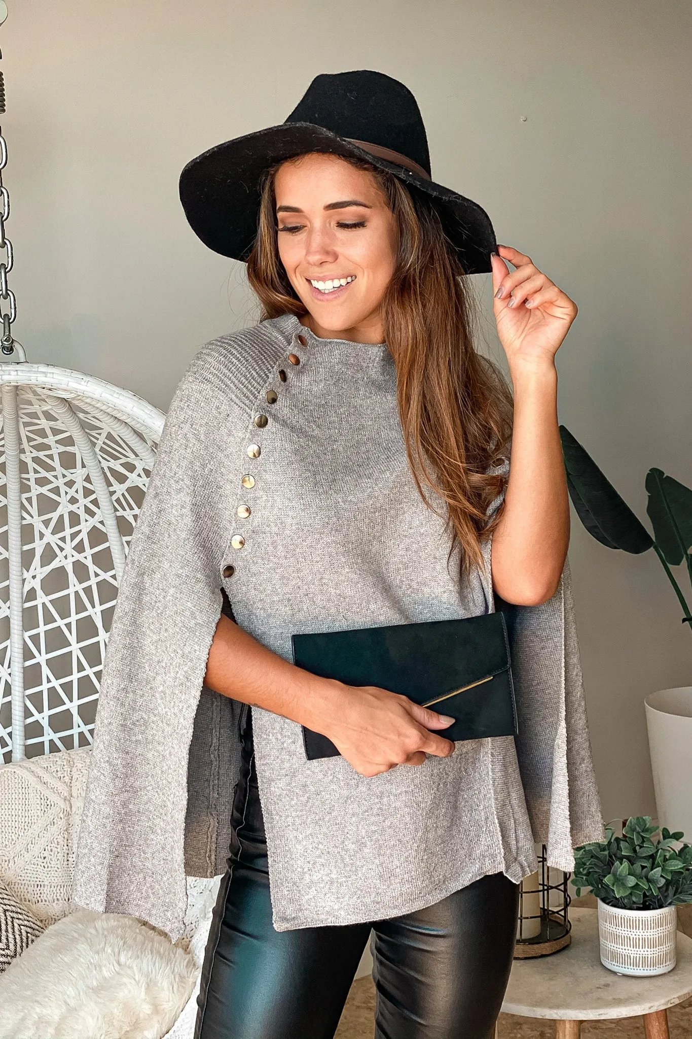 Heather Gray Cape Top with Silver Buttons