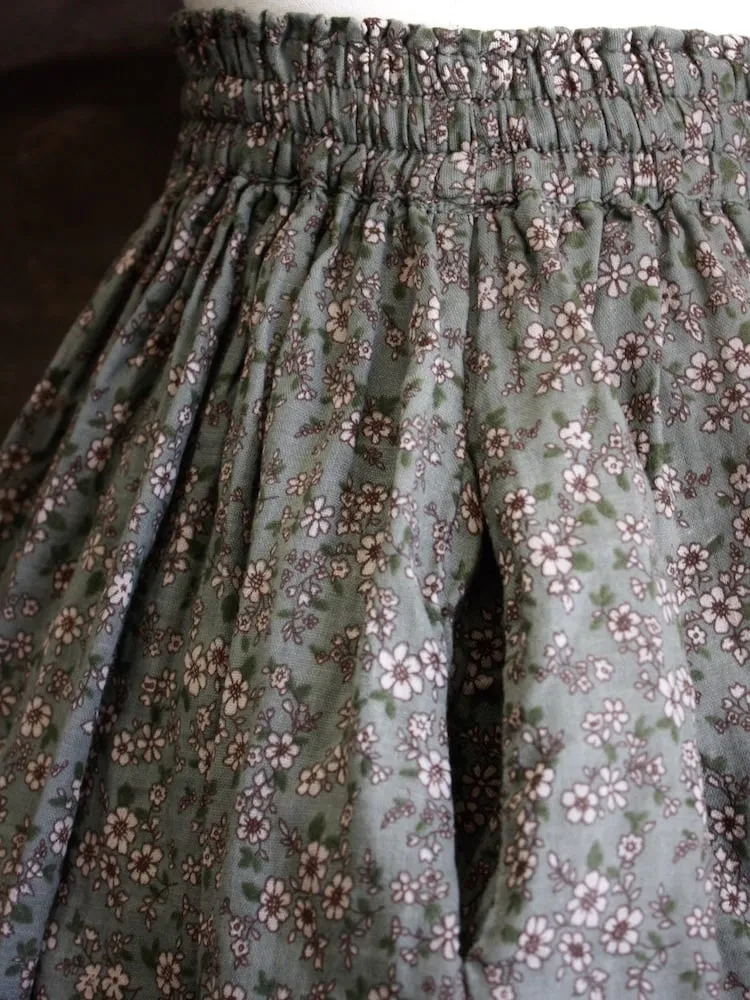 Historically Inspired Printed Floral Cotton Maxi Skirt in Dusty Sage Green