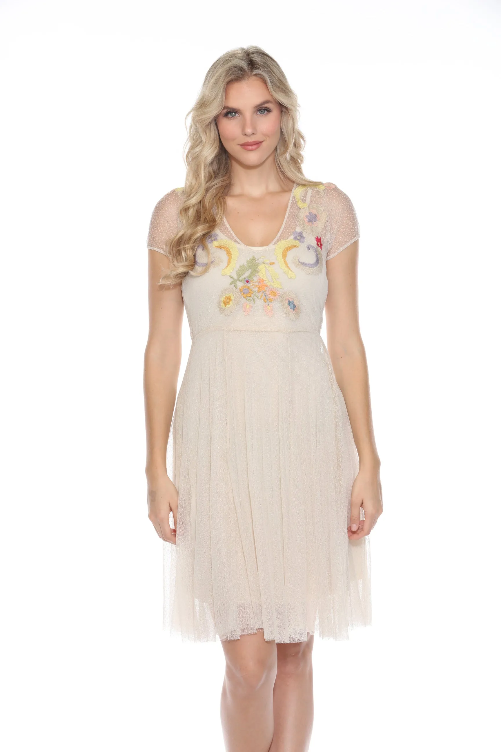 Johnny Was Biya Beige Embroidered Mesh Dress JW02