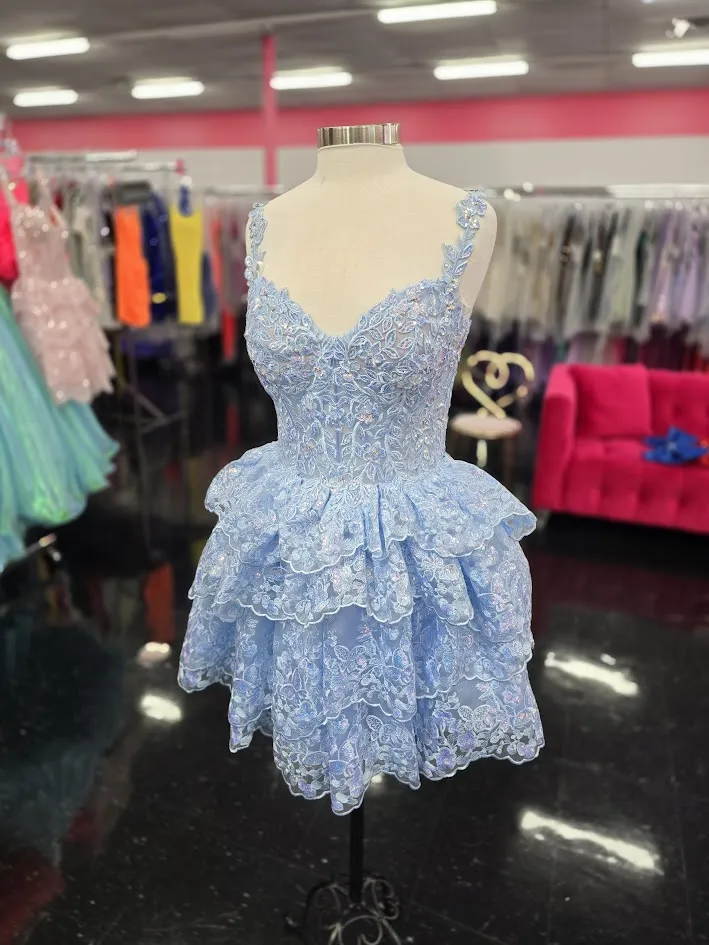 Jovani 37080 Short Lace Ruffle Homecoming Dress Sequin Corset Cocktail Gown Layer Skirt