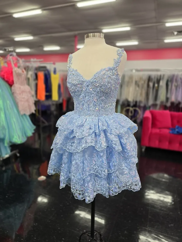 Jovani 37080 Size 10 Light Blue Short Lace Ruffle Homecoming Dress Sequin Corset Cocktail Gown Layer Skirt