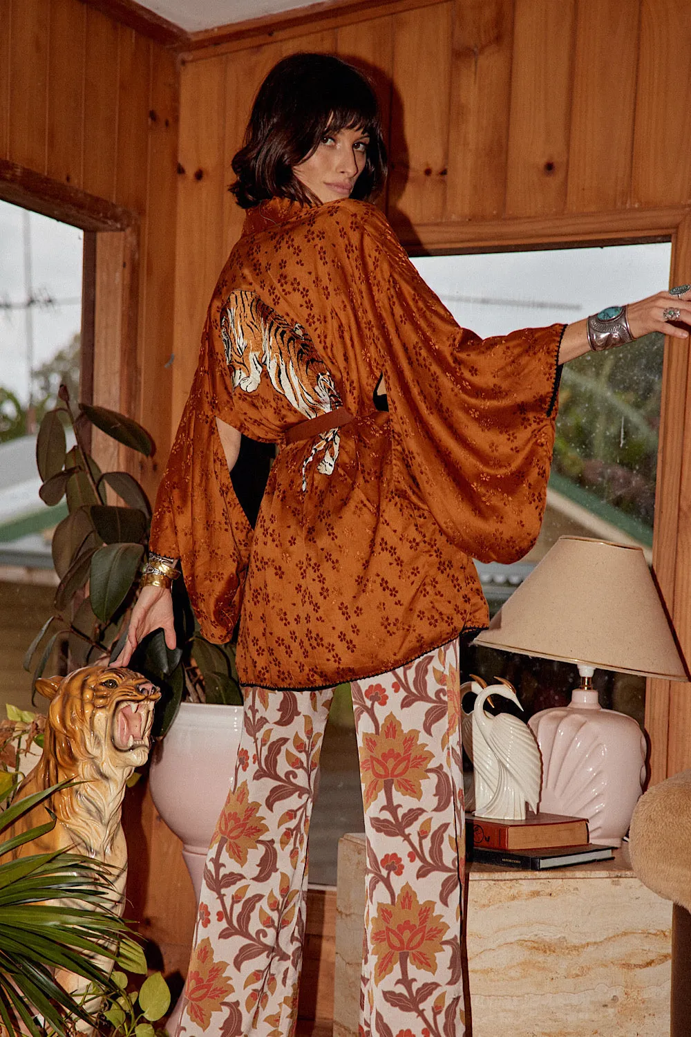 Jungle Fever Embroidered Silk Jacquard Short Kimono