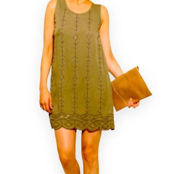 Khaki Green Sleeveless Embroidered Slip Dress