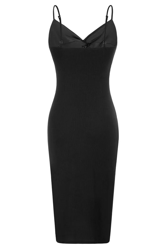 Knotted Bodice Cami Dress Spaghetti Straps Side Slit Bodycon Dress