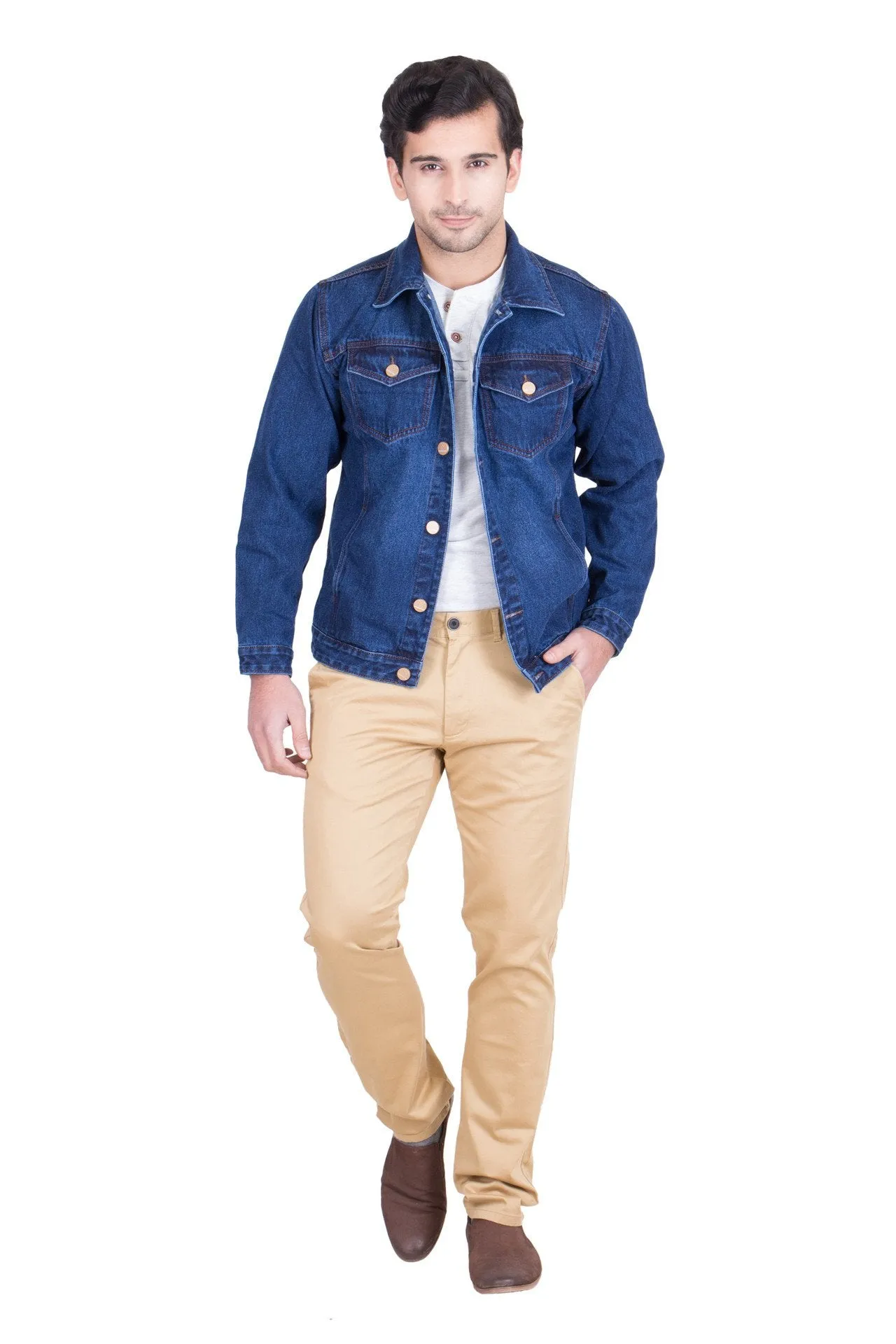 Krossstitch Full Sleeve Dark Blue Men's Denim Jacket with Brass Button