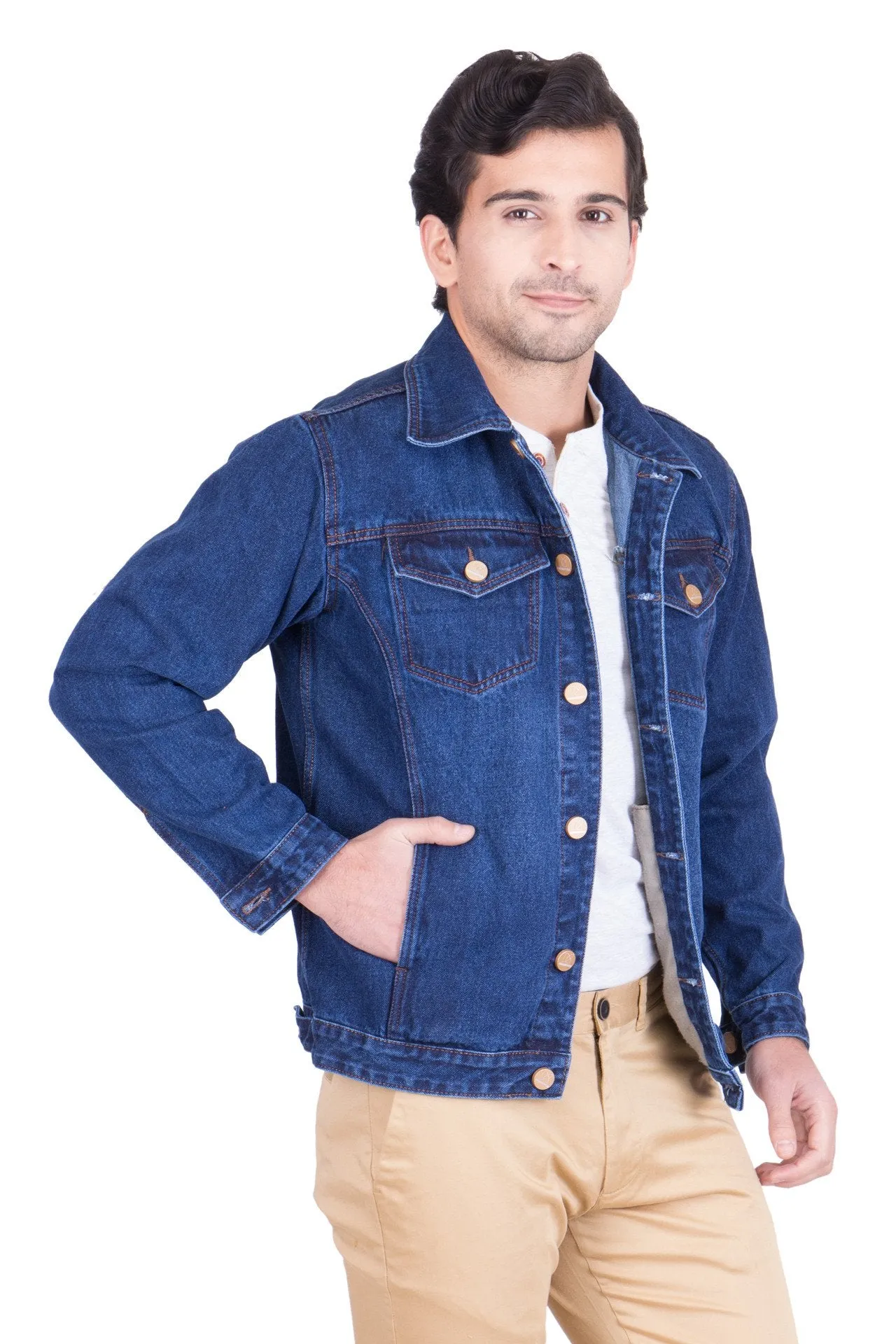 Krossstitch Full Sleeve Dark Blue Men's Denim Jacket with Brass Button