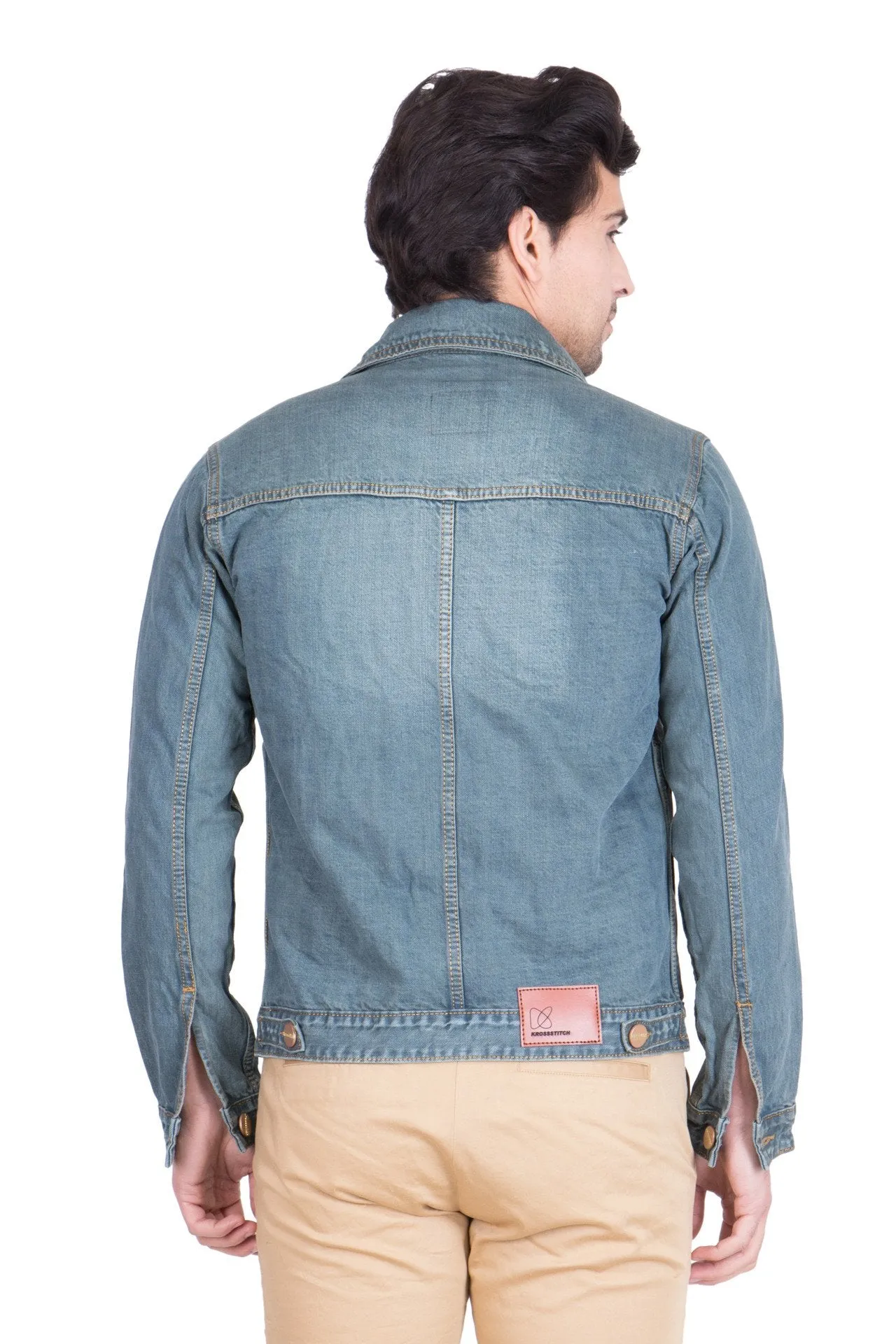 Krossstitch Full Sleeve Greenish Blue Men's Denim Jacket with Brass Button