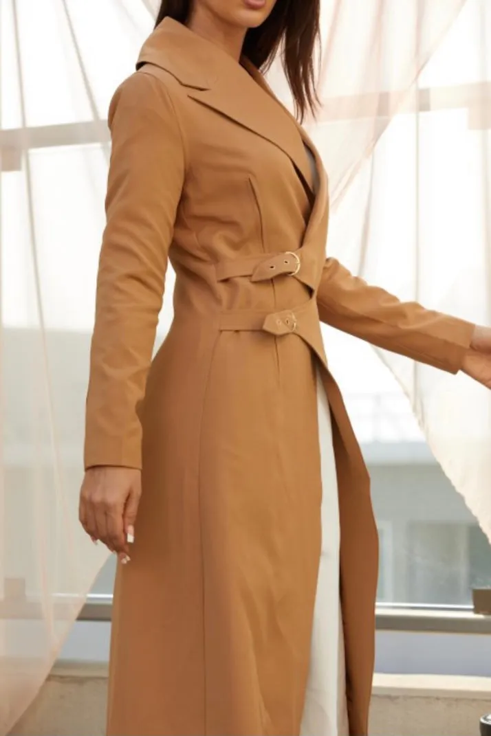 Long Coat With Gold Buckle Detail - Mocha