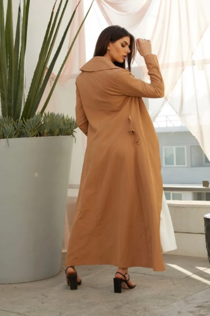 Long Coat With Gold Buckle Detail - Mocha