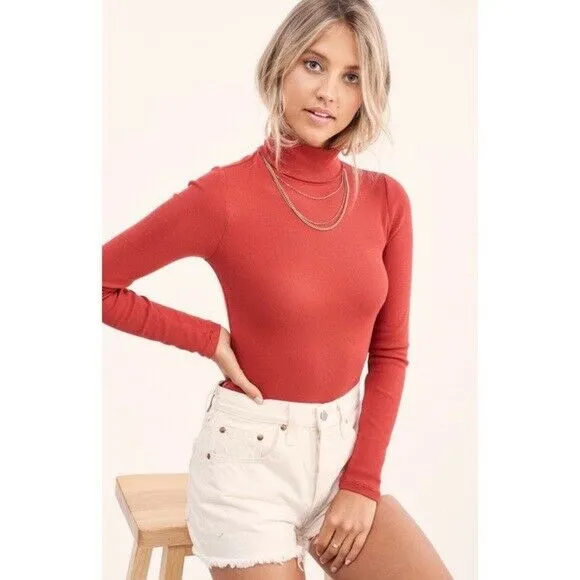 Marsala Basic Soft Thin Ribbed Fitted Turtleneck Top Casual Womens