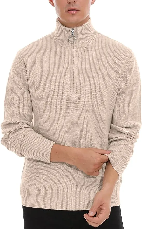 Men's Soft Sweaters Quarter Zip Pullover Classic Ribbed Turtleneck Sweater - Beige